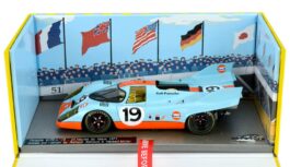 P917K No.19 2nd Place Le Mans 1971 Herbert Muller 1:32 Scale model produced by Le Mans Miniatures, with lots of details as based on the prototype, this model will surely be a proud part of your slot car collection. This model includes lots of added features including Rubber tyres, fitted Copper braids and a powerful motor. Features 1:32 Scale Model Copper Braids Rubber Tyres Detailed Card Display Box Based on the prototype seen at Le Mans in 1971 Details: The Porsche 917 was introduced in 1969 to give Porsche a five-litre endurance racer capable of winning at the top level. By 1971, the evolved 917 KH — sporting new “shark-fin” tail stabilizers — dominated the World Sportscar Championship and triumphed at Le Mans. In the hands of Helmut Marko and Gijs van Lennep, the #22 917 covered a staggering 5,335 km at an average of 222.3 km/h, setting a distance record that stood for 39 years. Powered by a flat-12 engine producing around 600 PS, the 917 combined raw speed, aerodynamic innovation, and legendary endurance, forever changing sports-car racing.
